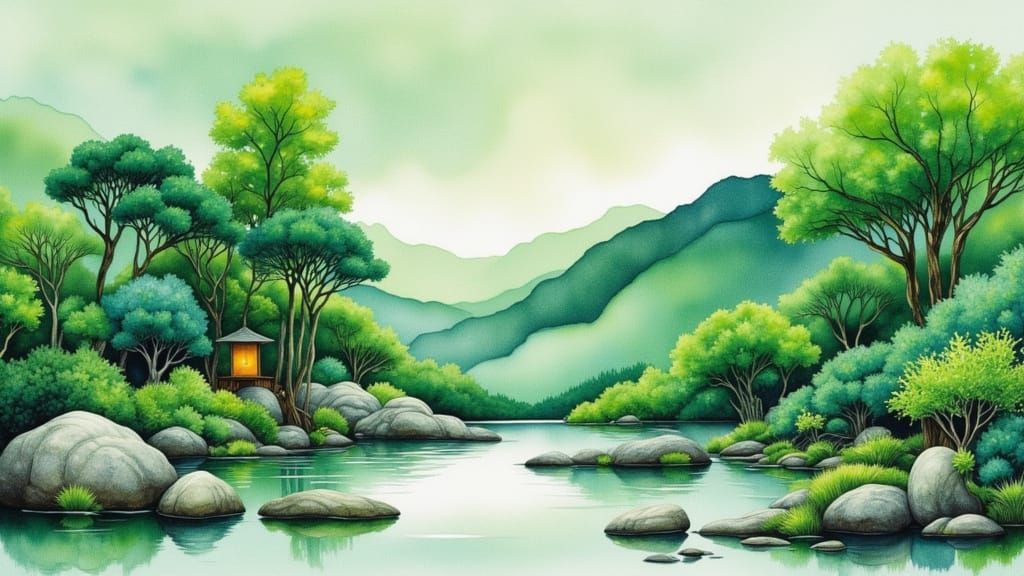 Watercolor Zen Garden Retreat in Wabi-Sabi Style