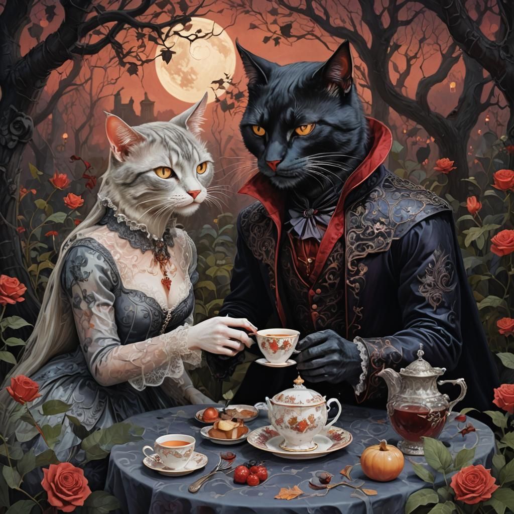 Vampire Cat and Centaur Tea Party in Symbolist Style