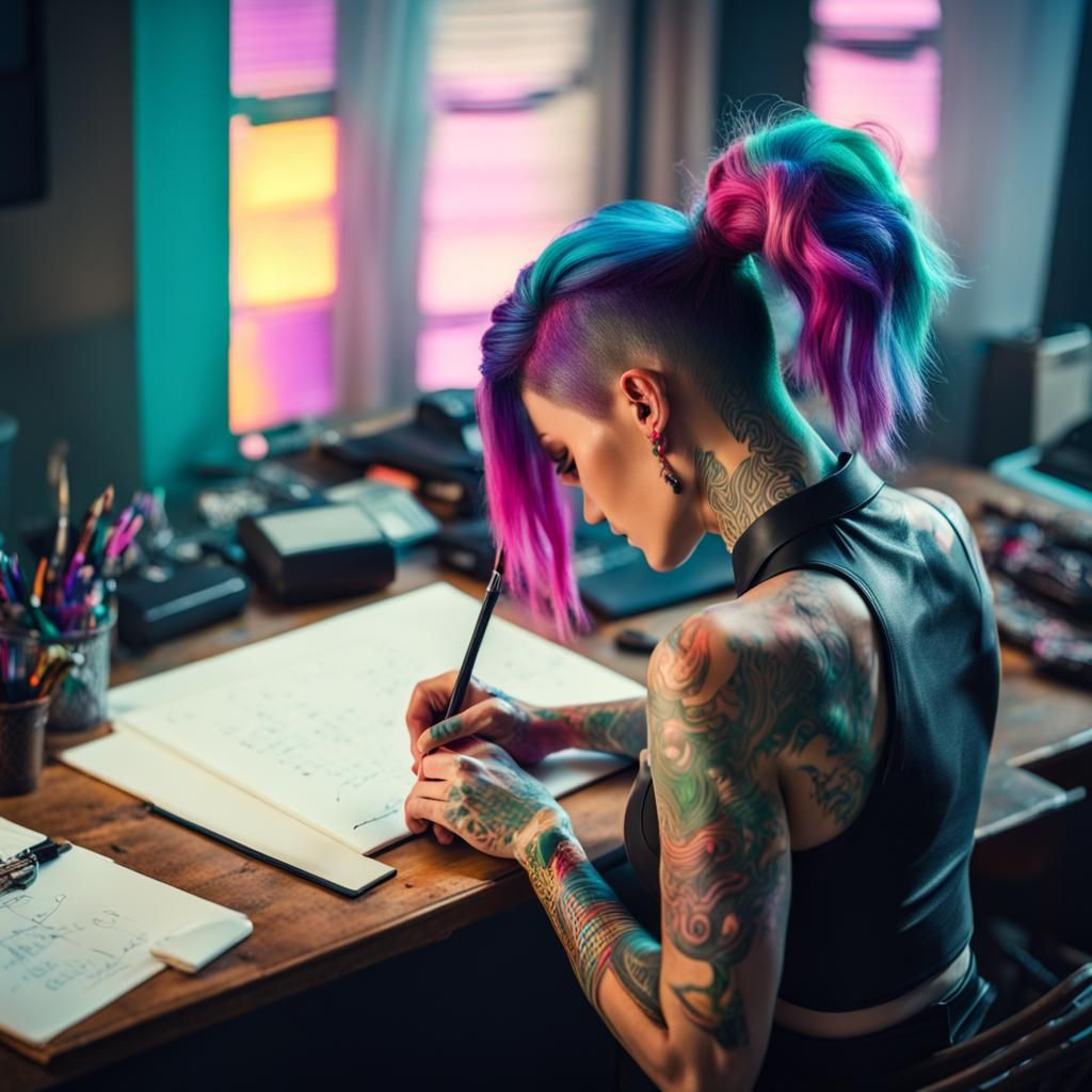 Synthwave Woman Writing at Old Desk