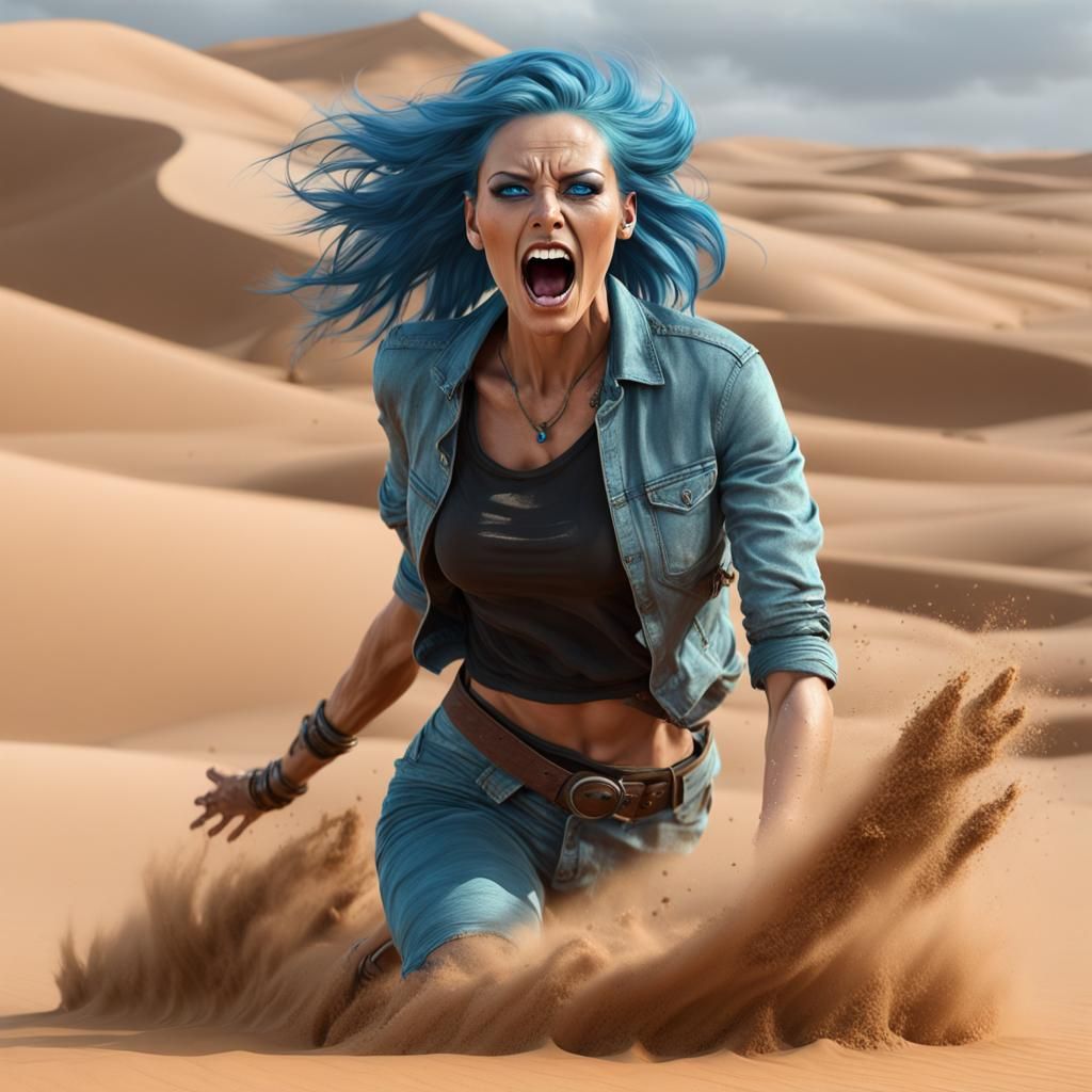 Blue-Haired Girl Creates Sandstorm in Sahara Landscape