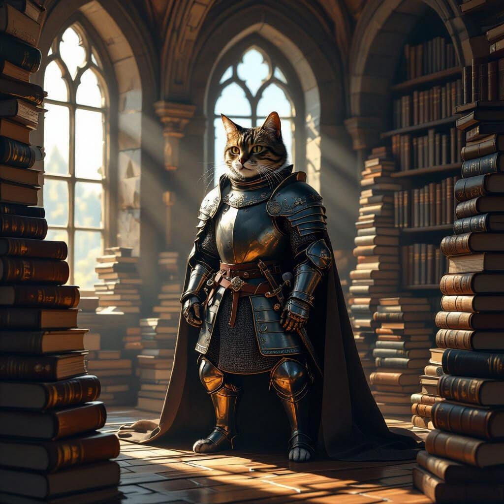 Bronze Cat Knight Guarding Book Castle Sculpture