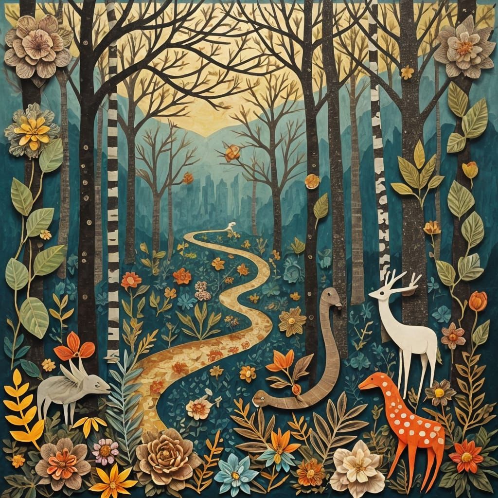 Vibrant Folk Art Collage in Metallic Colors