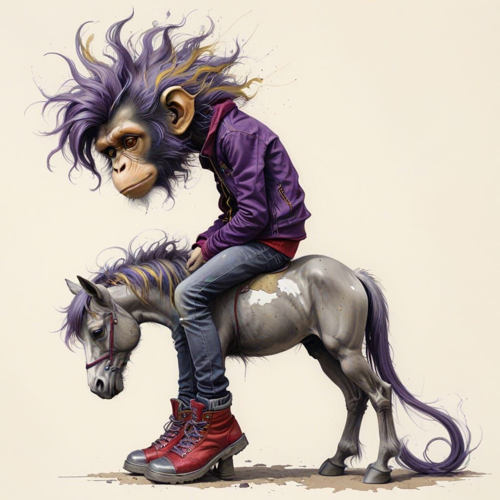 Ethereal Monkey on Horse in Burtonesque Style