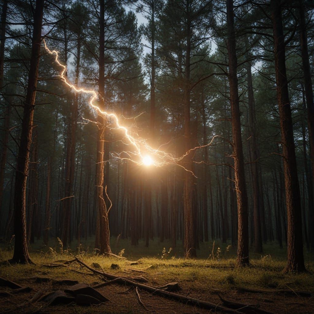 ball lightning flying gently over a forest clearing