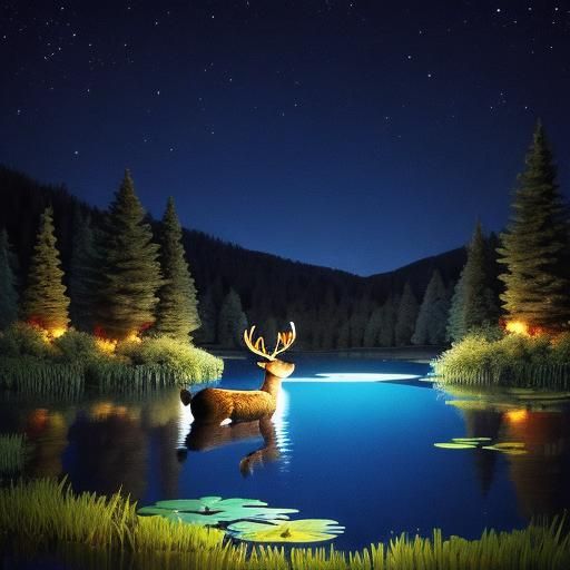 Midnight Pond Scene with Deer