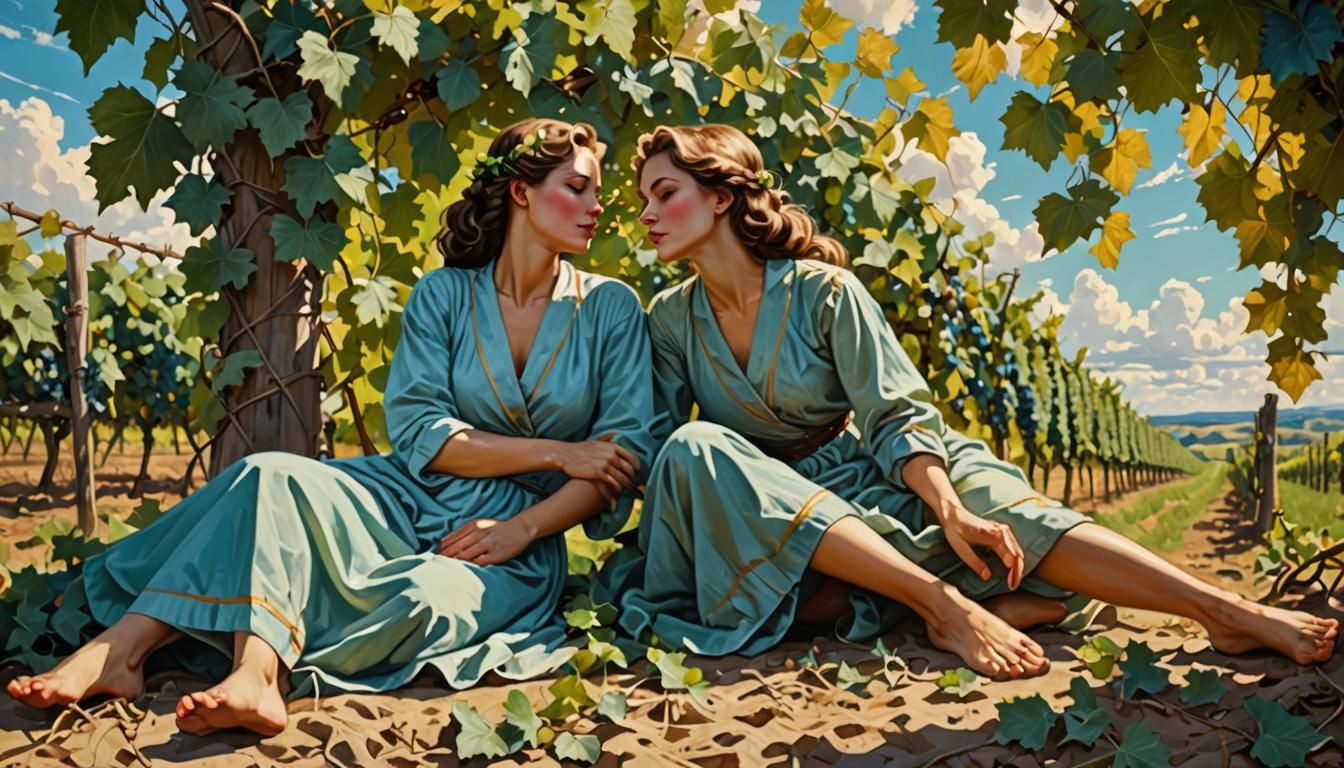 Girls in Vineyard: A Soviet Realism Scene