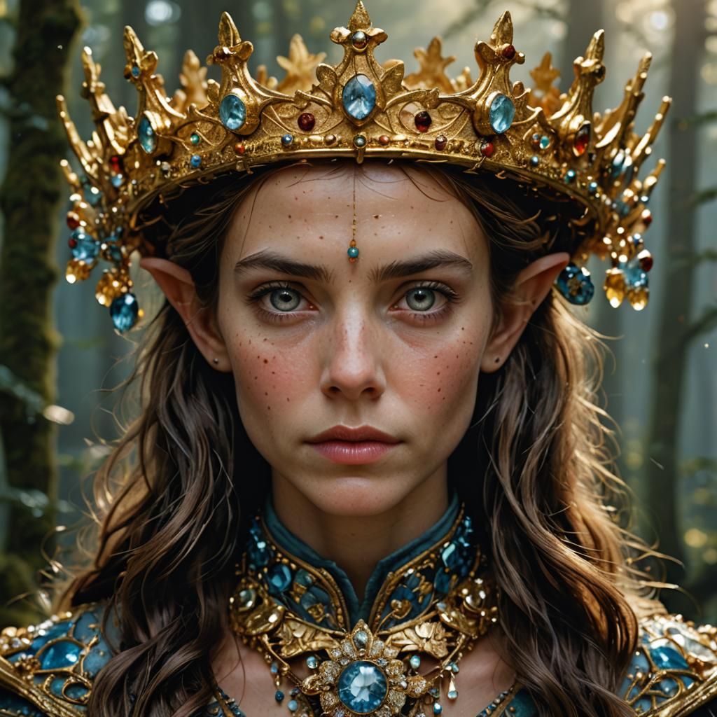 Ethereal Elf Maiden with Golden Crown: Close-Up Portrait in....