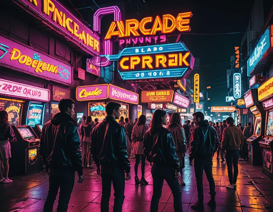 Neon Arcade Scene in 1980s Cyberpunk Style