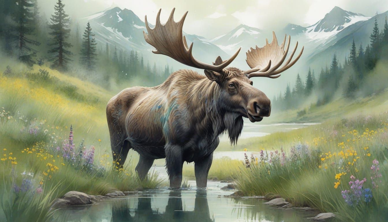 Moose in Mountain Meadow Watercolor Illustration