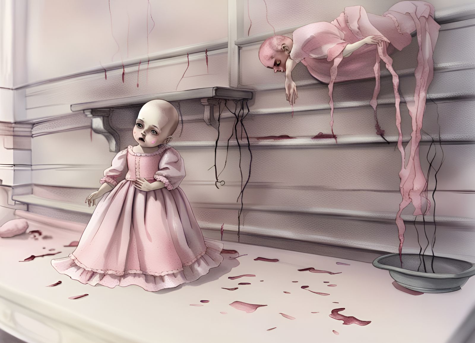 Hyperreal Horror: Possessed Porcelain Doll Illustration