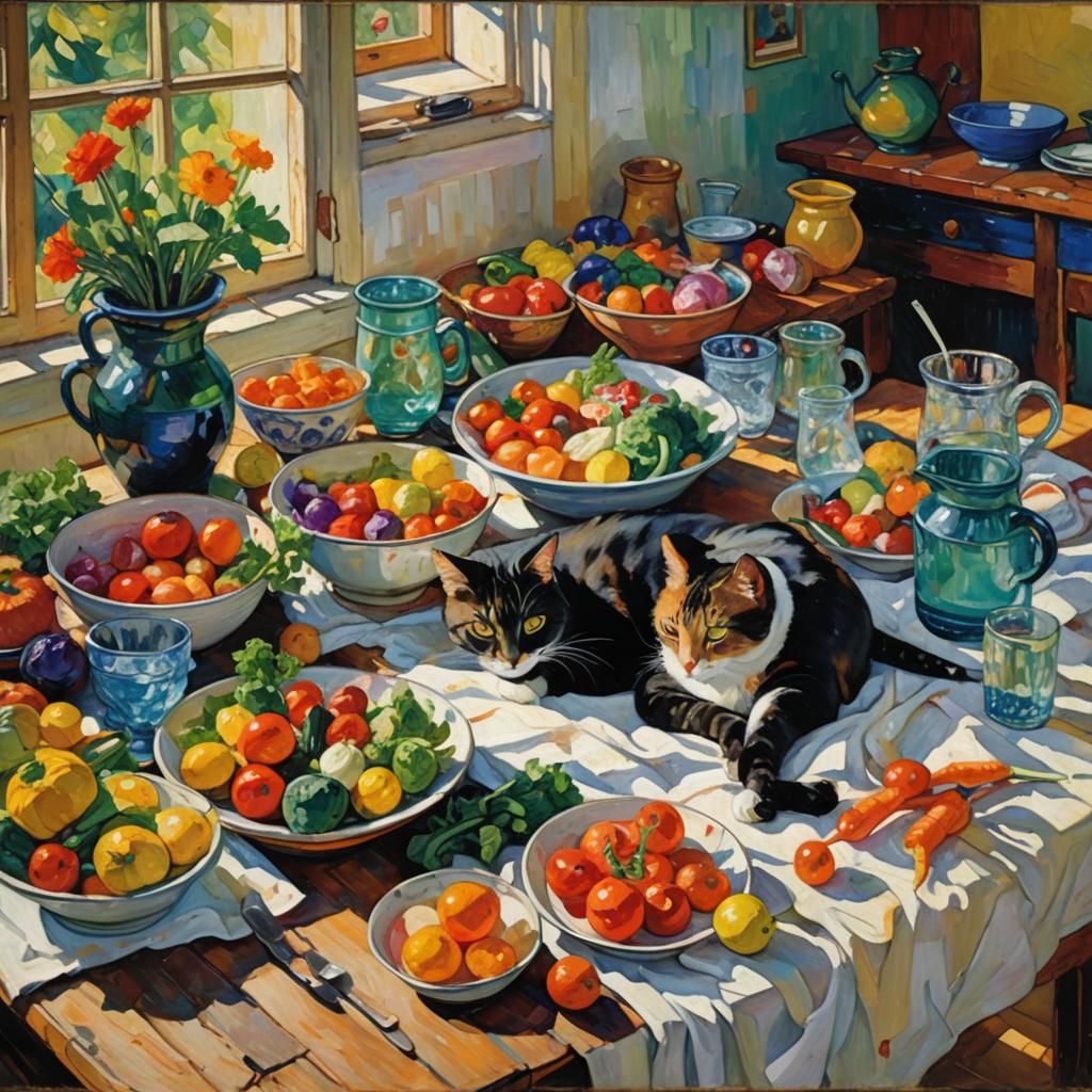 Cat Still Life: Neo-Impressionist Tranquility