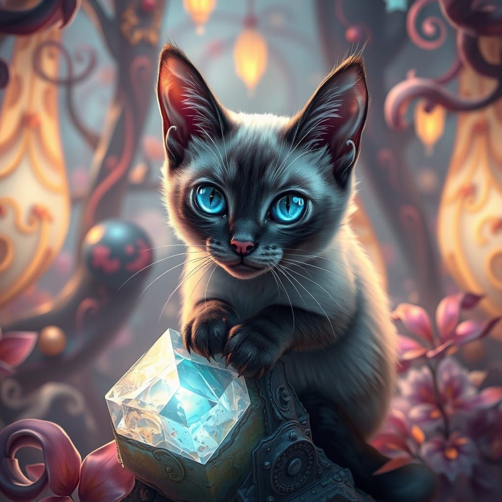 Enchanted Siamese Cat in a Whimsical Dreamscape