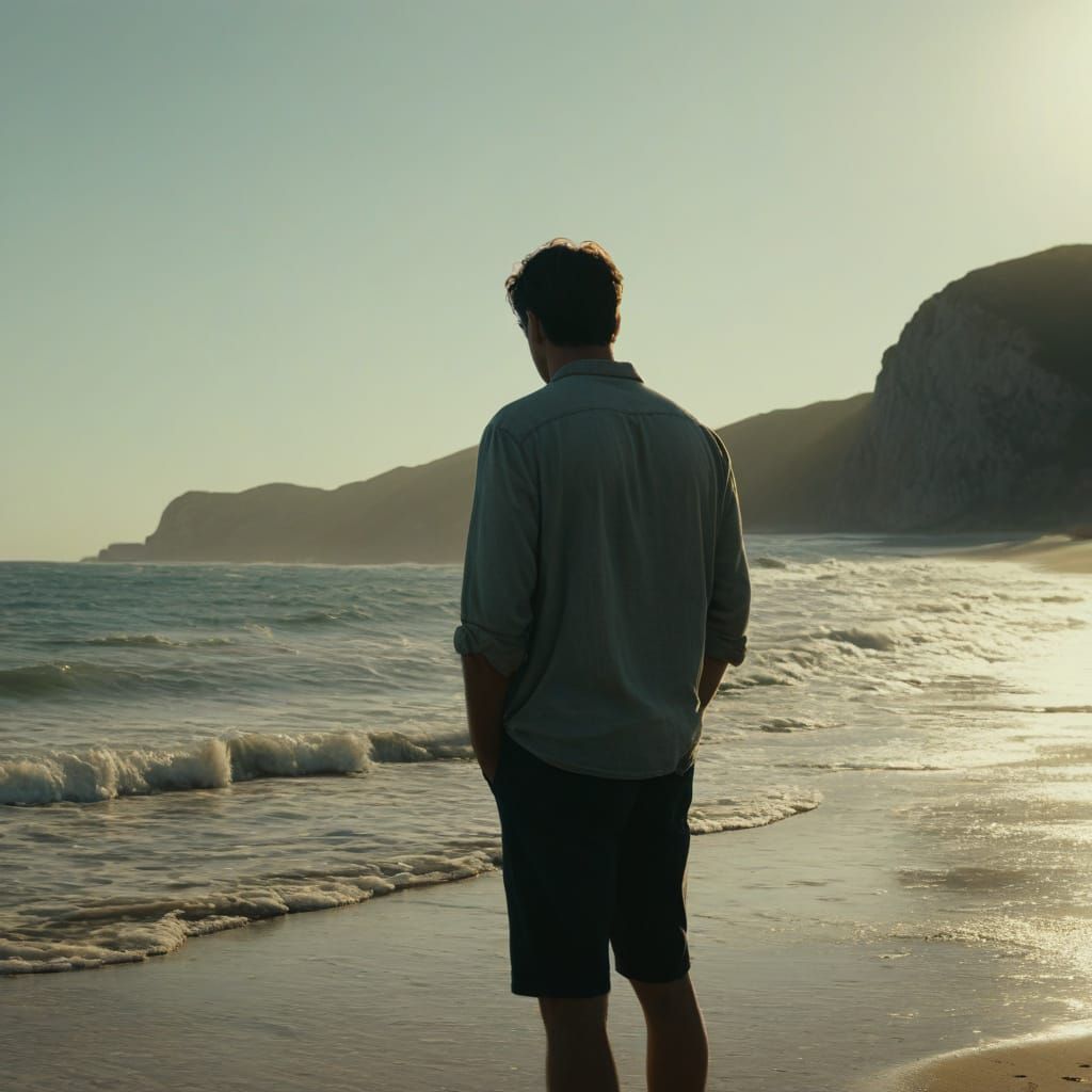 Man on Beach Embracing Family Memory in Golden Hour Light