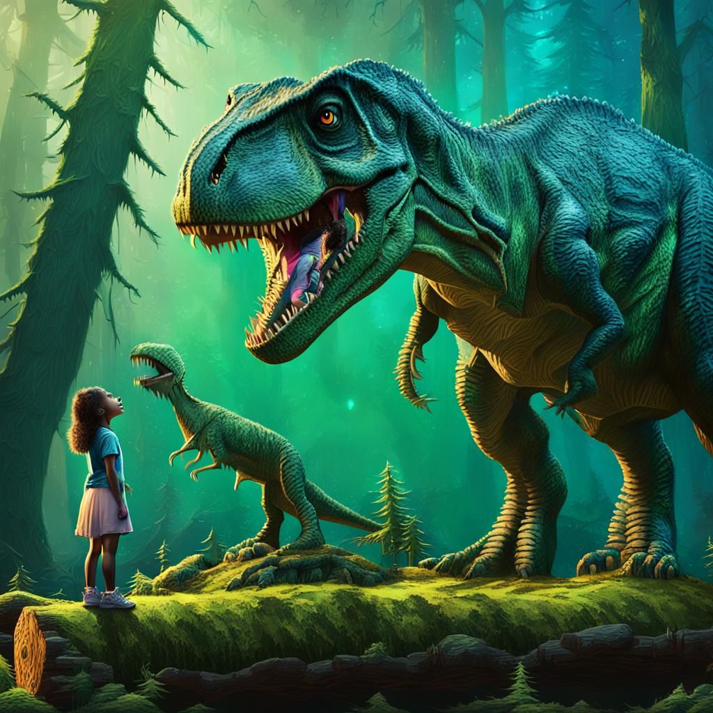 Girl Comforts Crying T-Rex in Fantasy Landscape