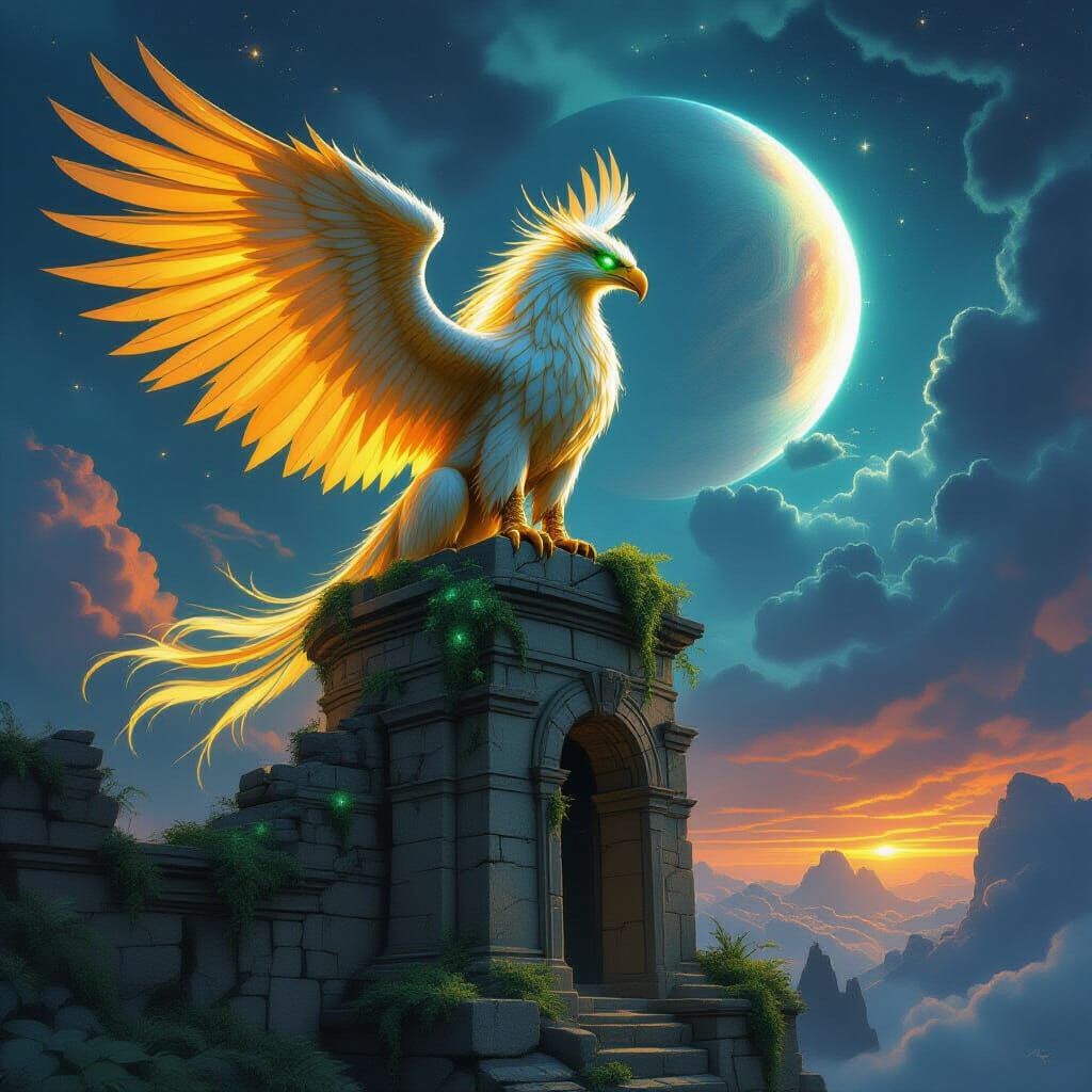 Majestic Griffin Perched on Ancient Observatory Under Nebula