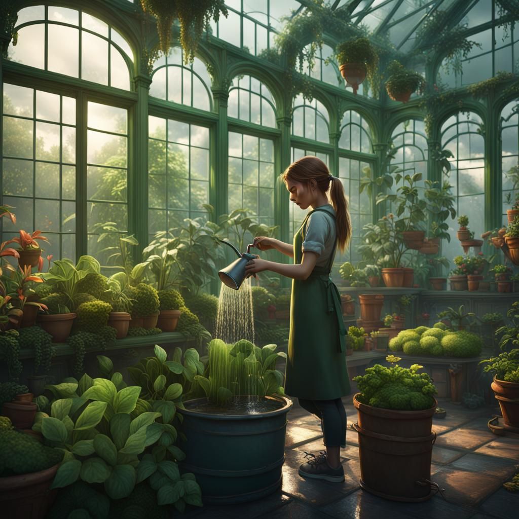 Girl Watering Plants in Green House: Fantasy Art