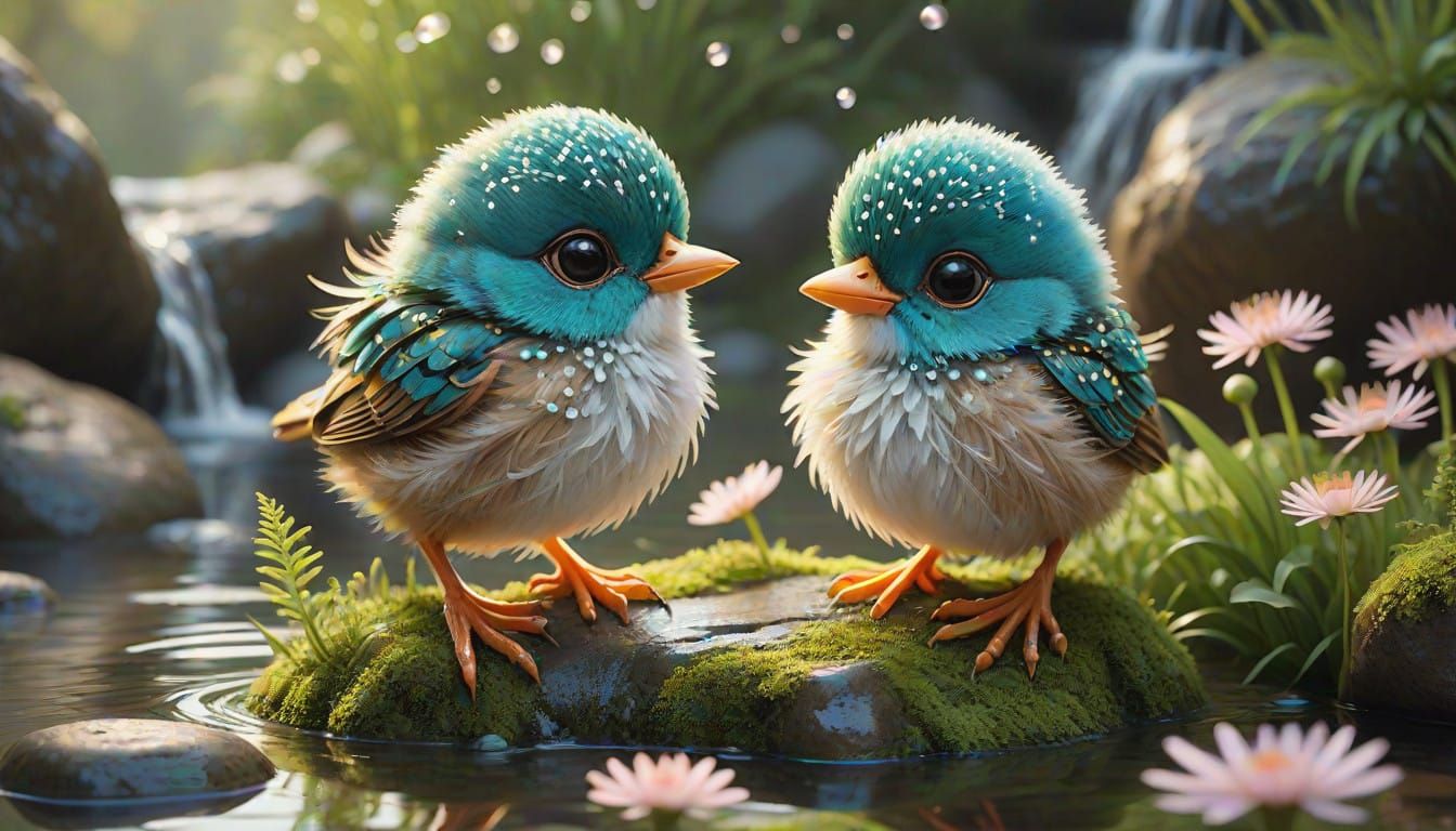 Whimsical Baby Bird in Serene Pond Scene