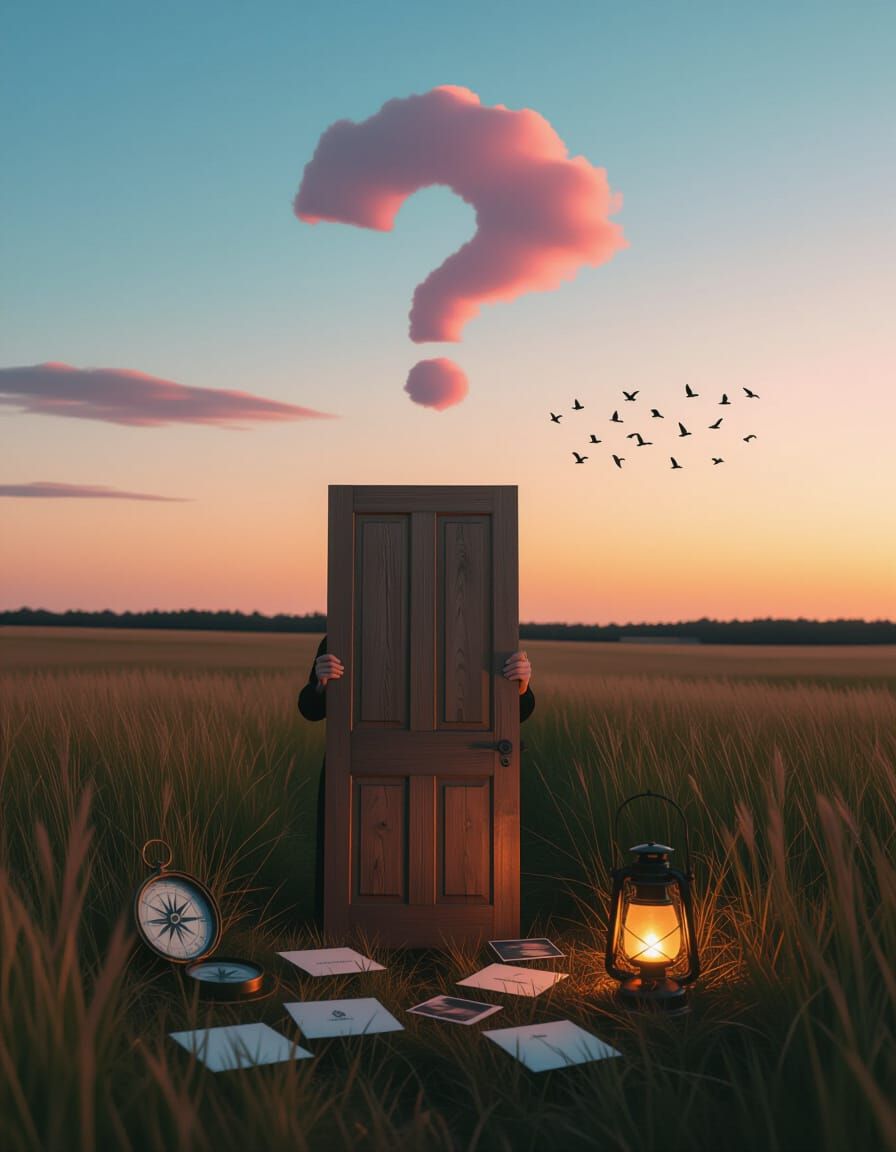 Lone Figure Opens Door to Nowhere at Twilight