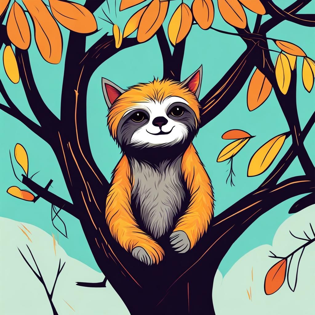 Cat-Sloth Climbing Tree: Abstract Art in Vivid Colors