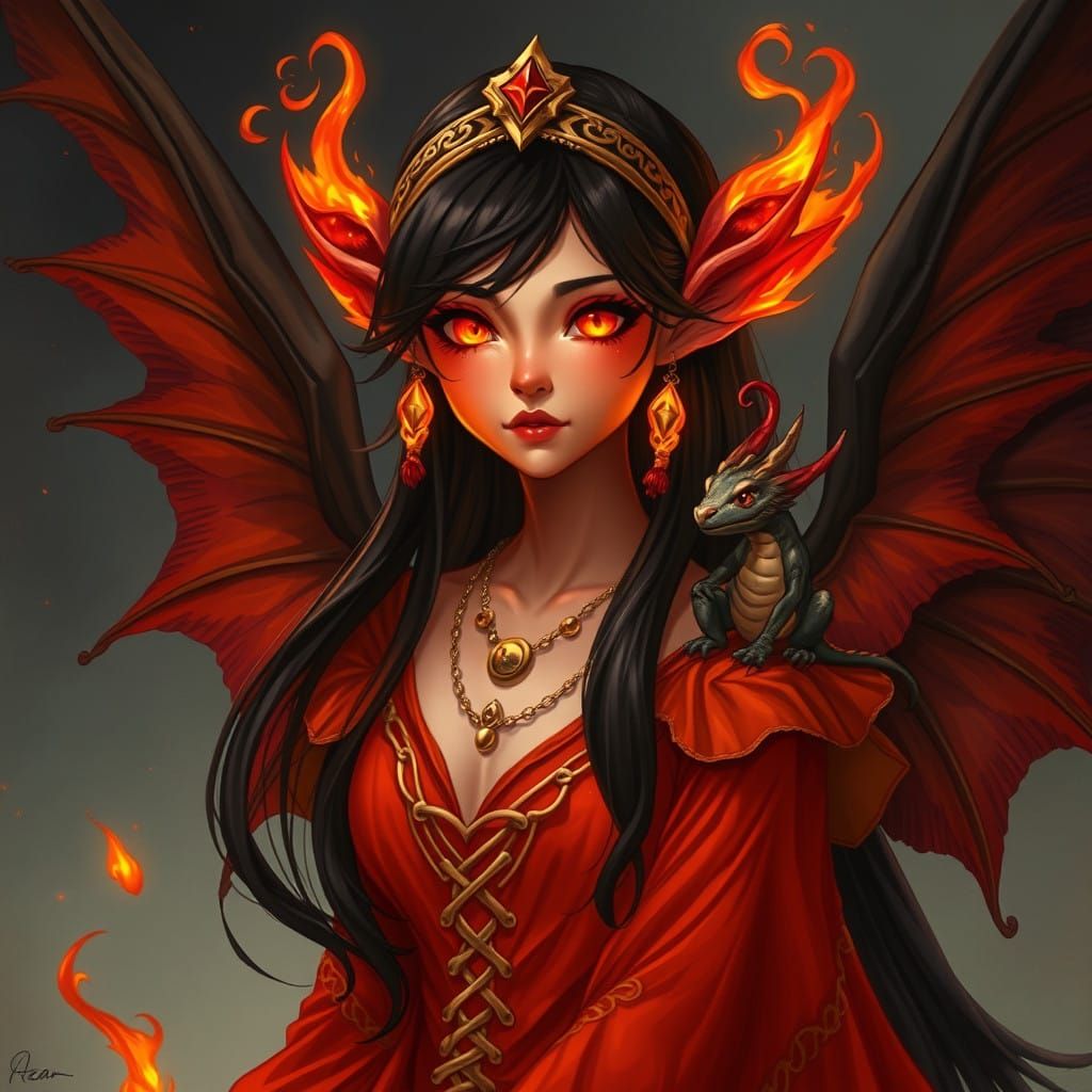 Majestic Fire Sprite in Ancient, Roman-Inspired Attire