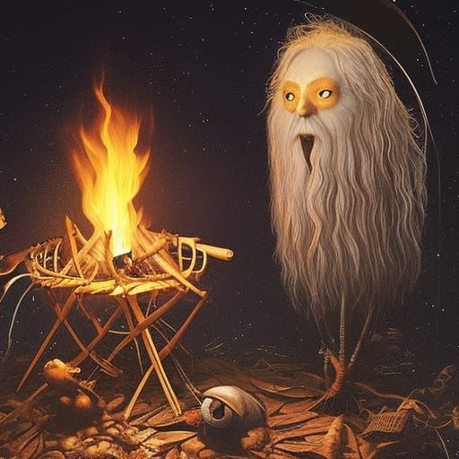 Aliens Cooking by Campfire: Dark Fantasy Art