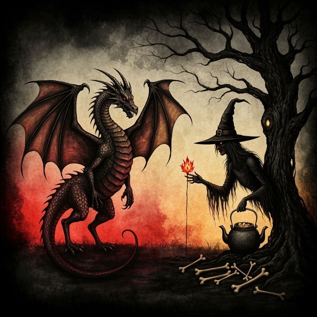 Dark Fantasy Dragon and Witch in Haunted Realm