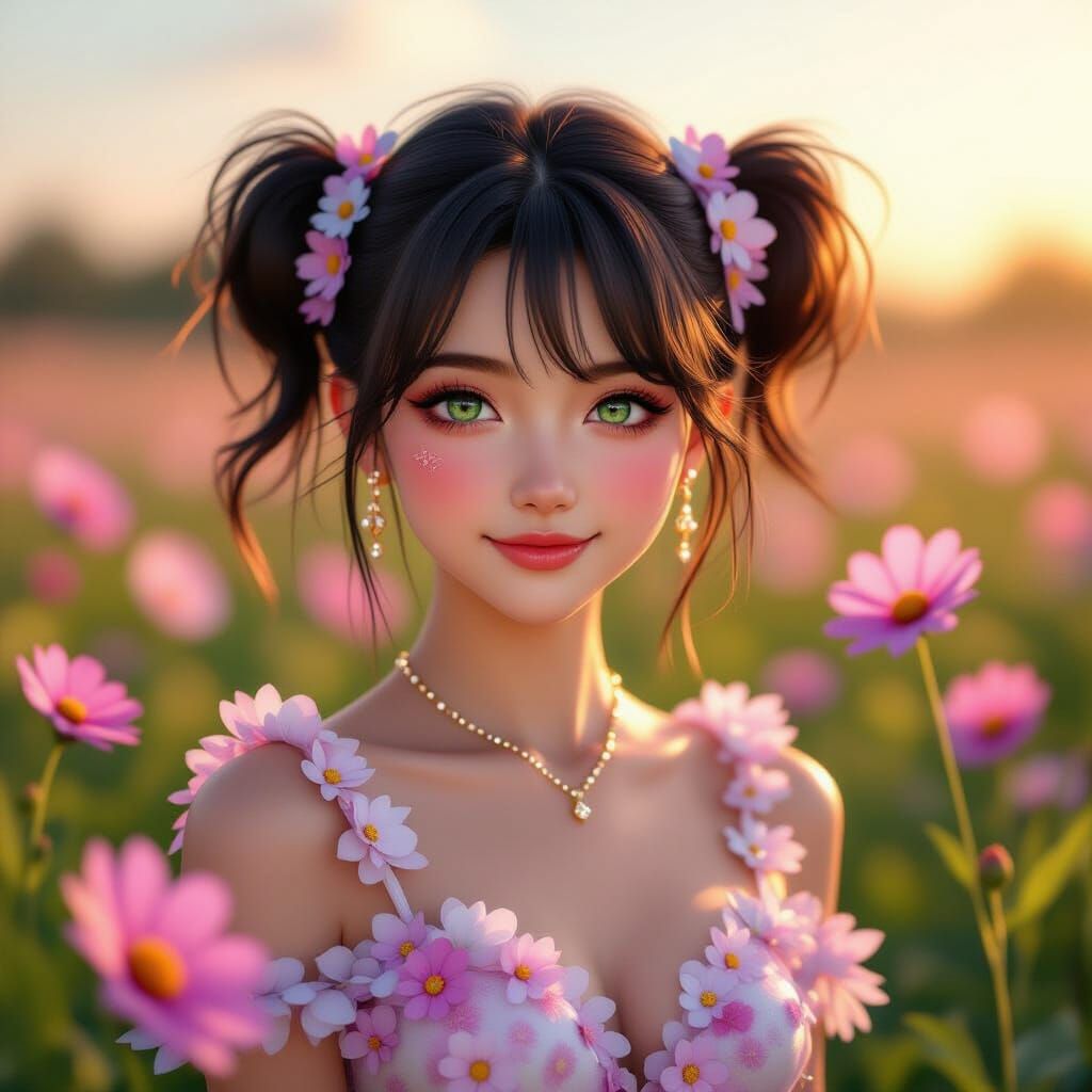 Japanese Woman in Cosmos Flower Dress at Dawn