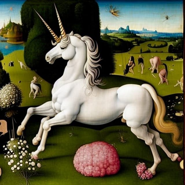 Unicorn in Garden Tapestry: Renaissance Fantasy Art
