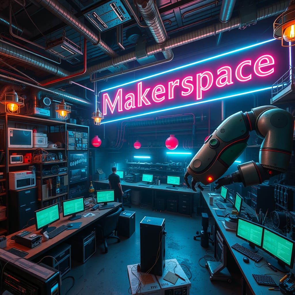 Cyberpunk Makerspace with Neon Lights and Robotic Arm