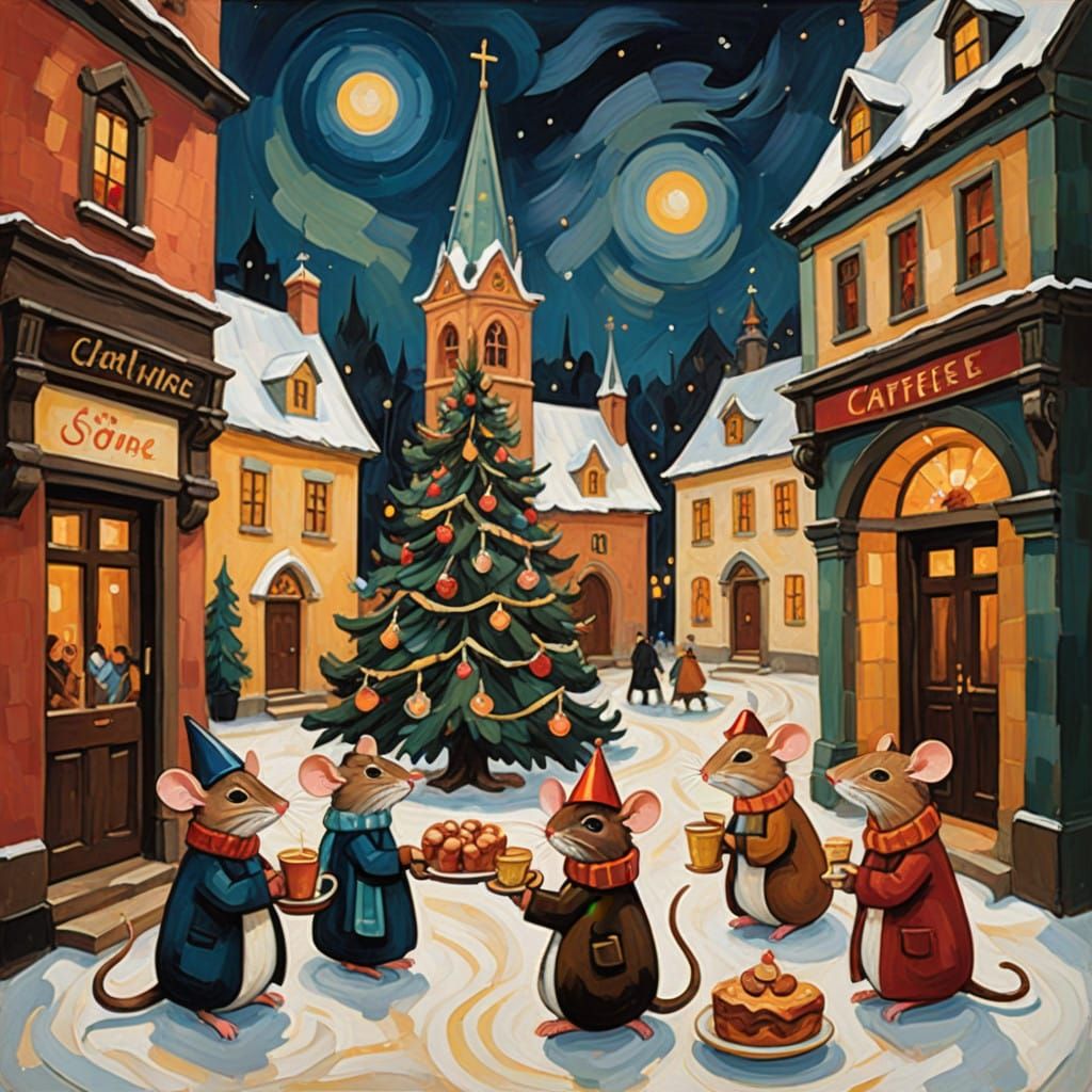 Vibrant Church Mice Celebrate Christmas in a Night Cafe