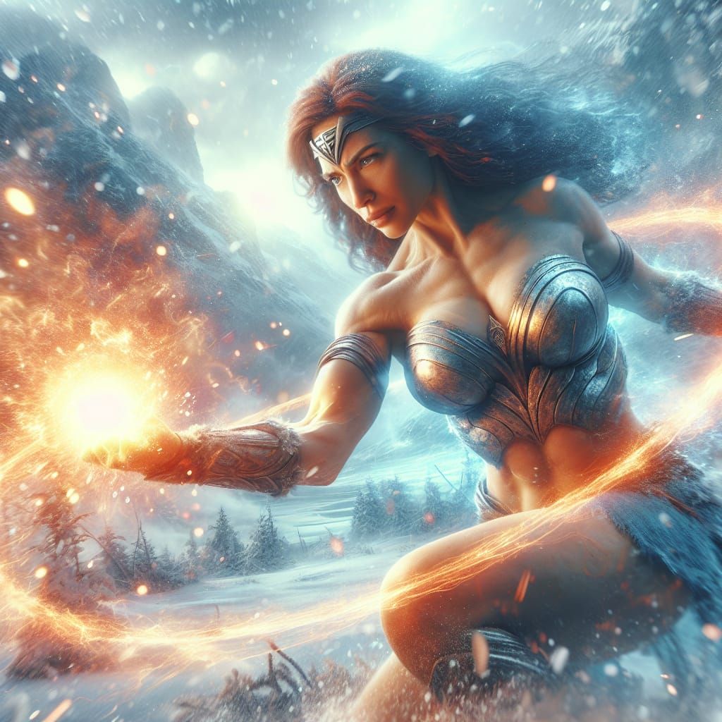 Amazonian Warrior Engaged in Snowy Battle