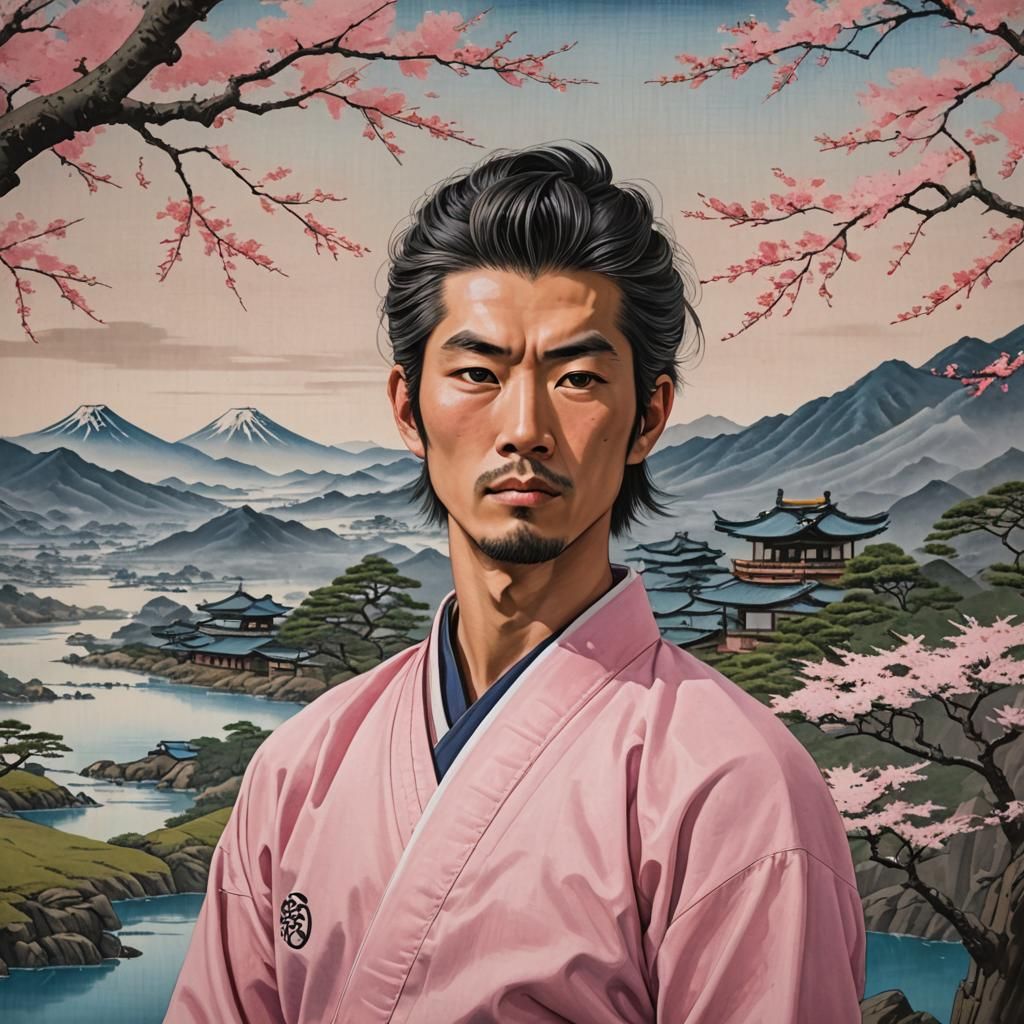 Japanese Man in Pink Karate Gi: Ukiyo-e Style