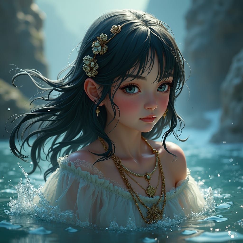 A young beautiful selkie girl, illustrated in a atmospheric ...