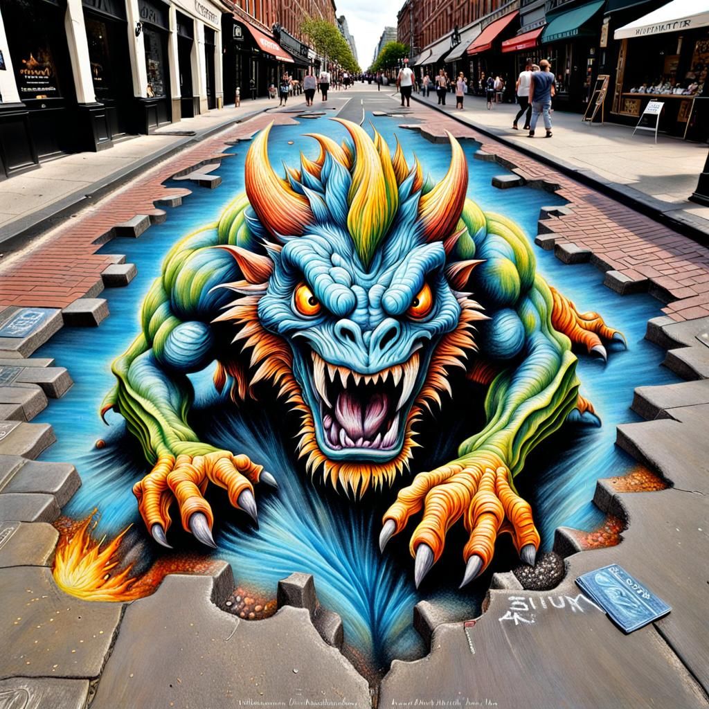 3D Chalk Art: Monster Bursting From Pavement