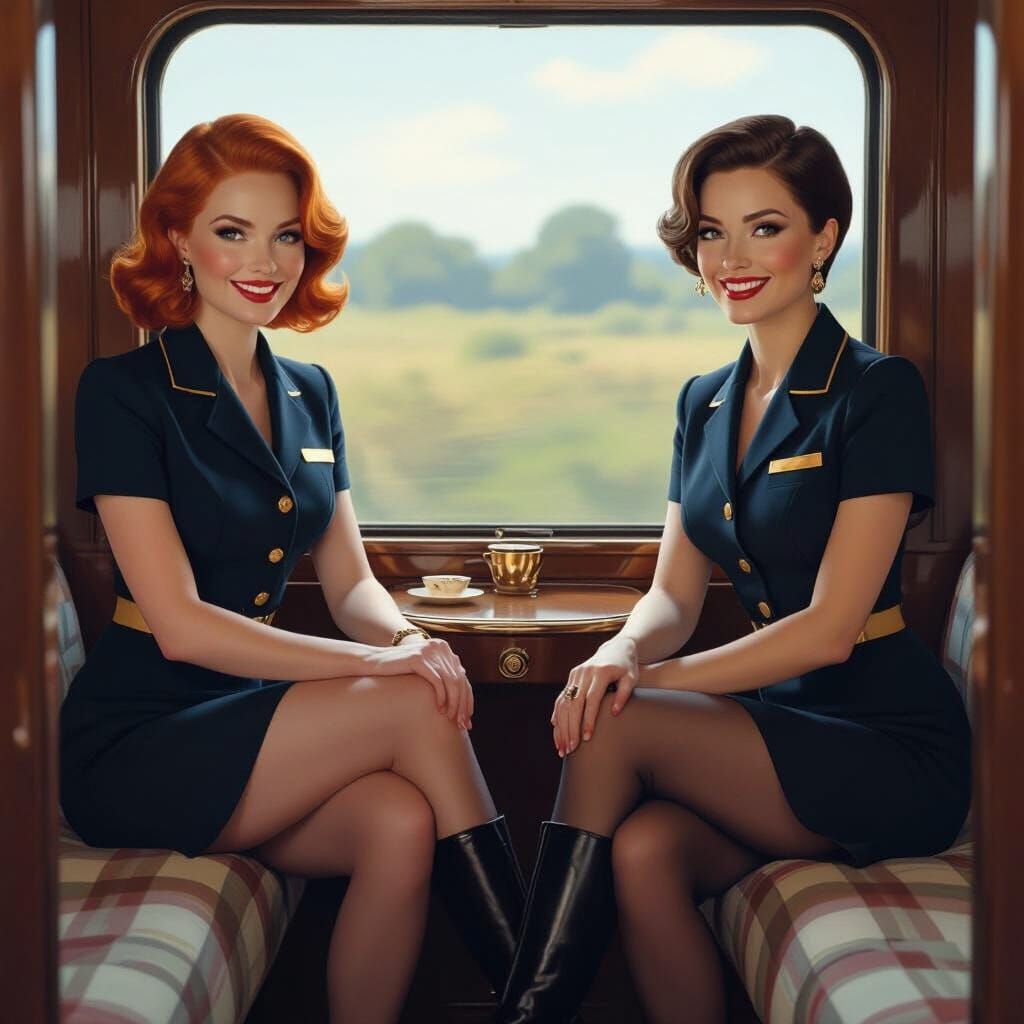 Air Hostesses on Luxury Train, in Art Deco Style
