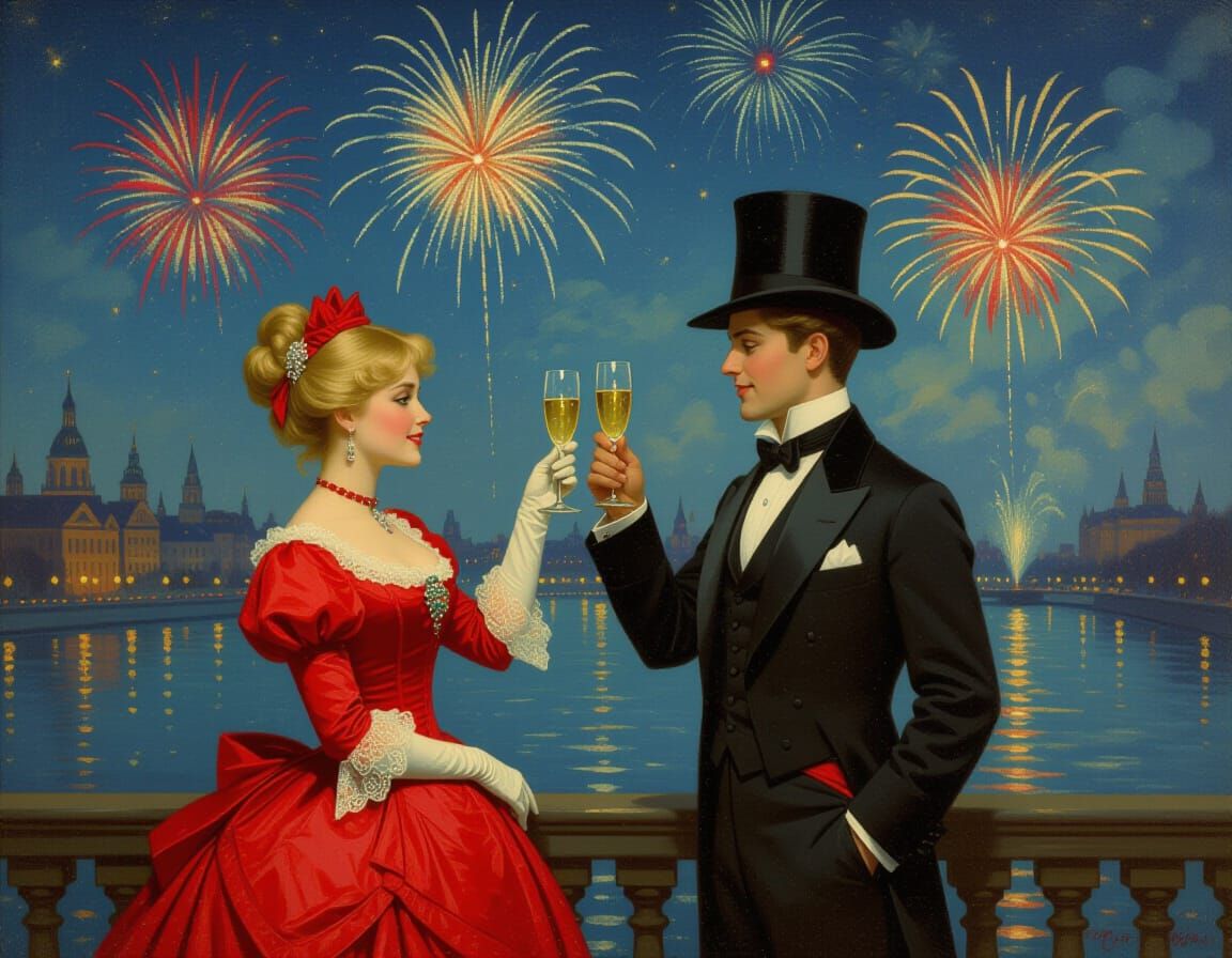 Victorian Couple Toasts New Year with Fireworks Oil Painting