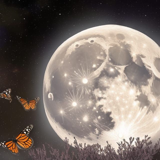 Monarch Butterflies Ascending Before Twilight Moon