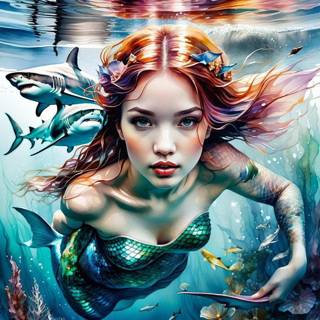 Mermaid and Shark Fairies: Digital Watercolor Art