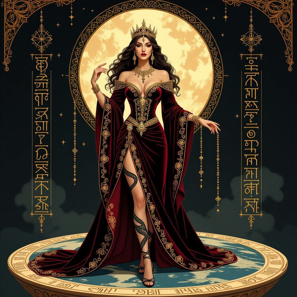 Divine Queen on Flat Earth in Art Nouveau Style