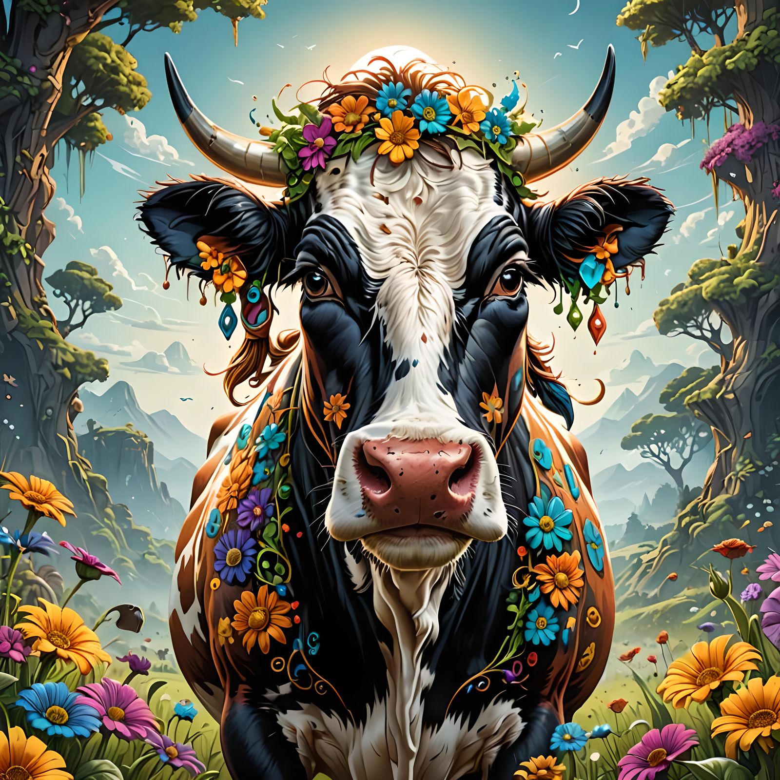Hippy cow with goofy eyes. Mark Brooks and Dan Mumford, comic book art, perfect, smooth detailed matte painting, deep co...