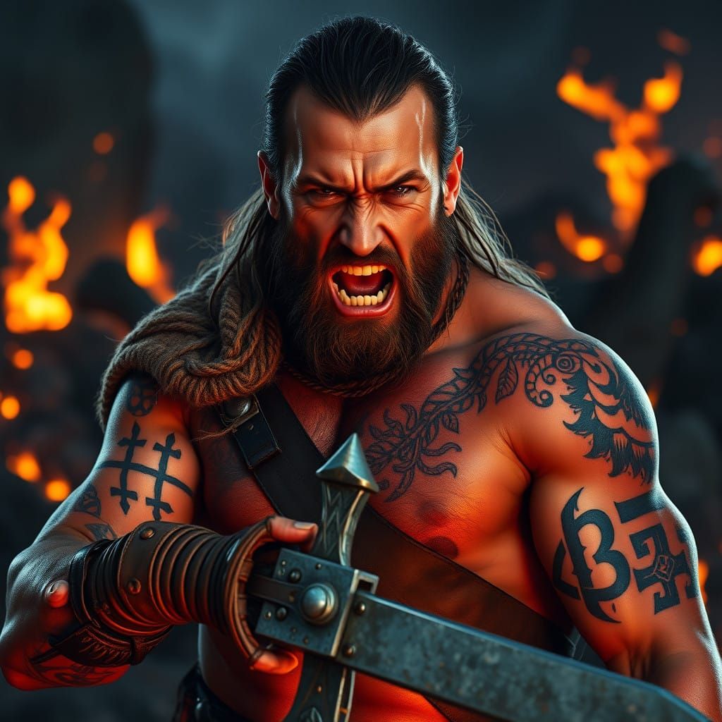 Viking Warrior in Inferno Landscape, Cyberpunk Style