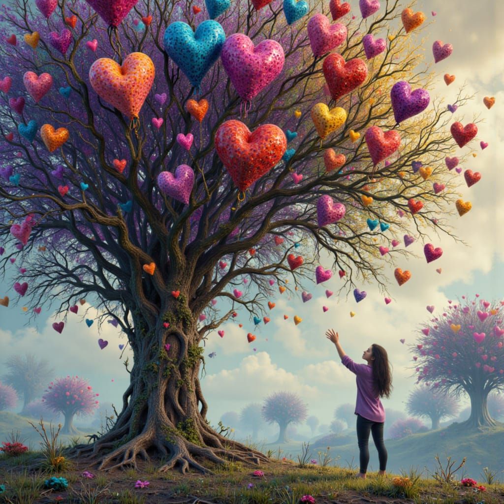 Magical Heart Tree with Lonely Figure, Realistic Detail