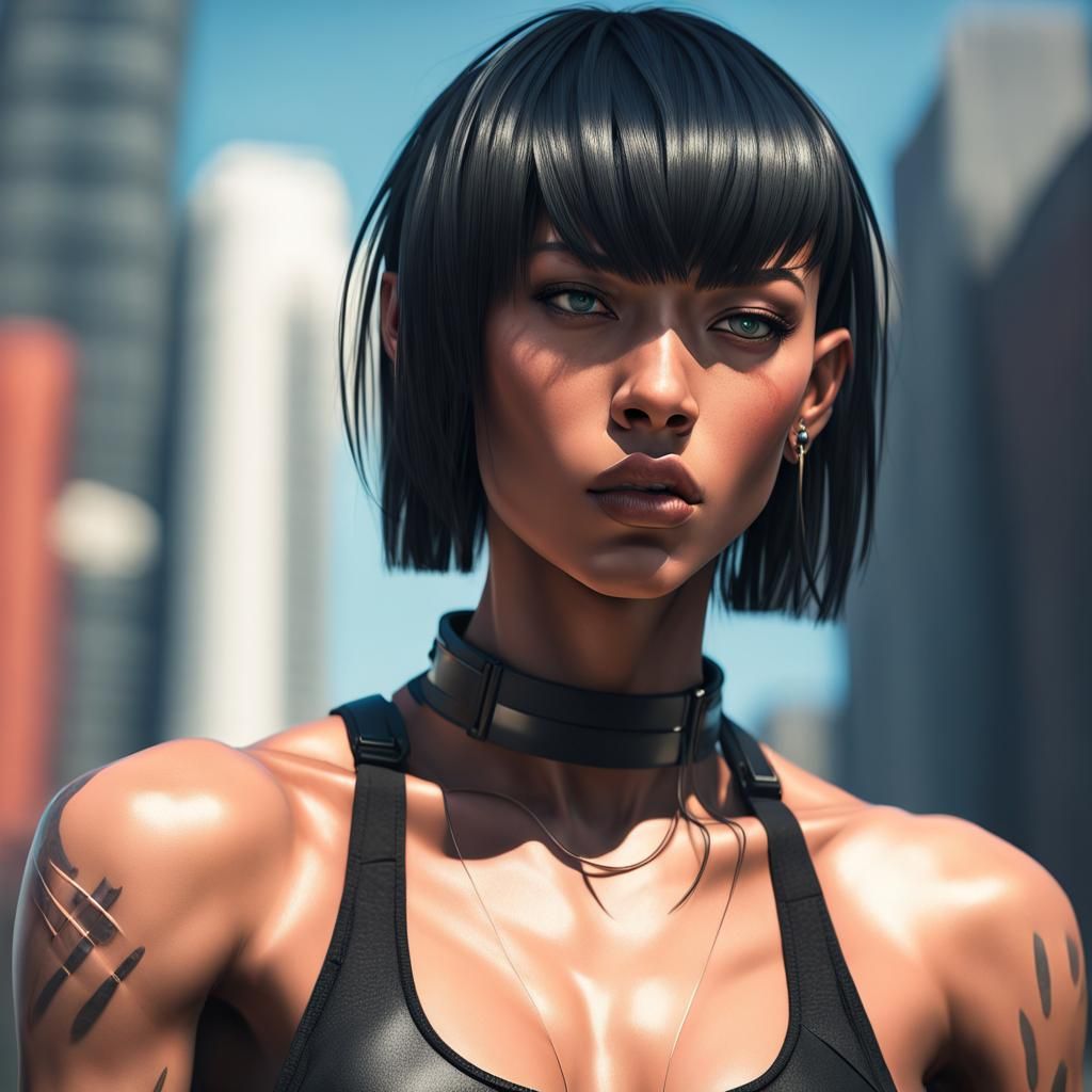 close-up of unattractive muscular tough androgynous person, Extremely short black-colored bob with bangs, Edgy complemen...