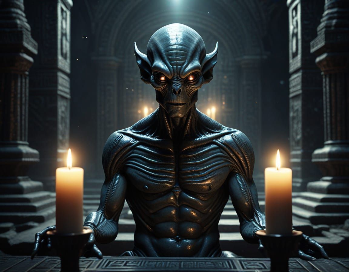 Ethereal Alien Ritual in Dark Fantasy Temple