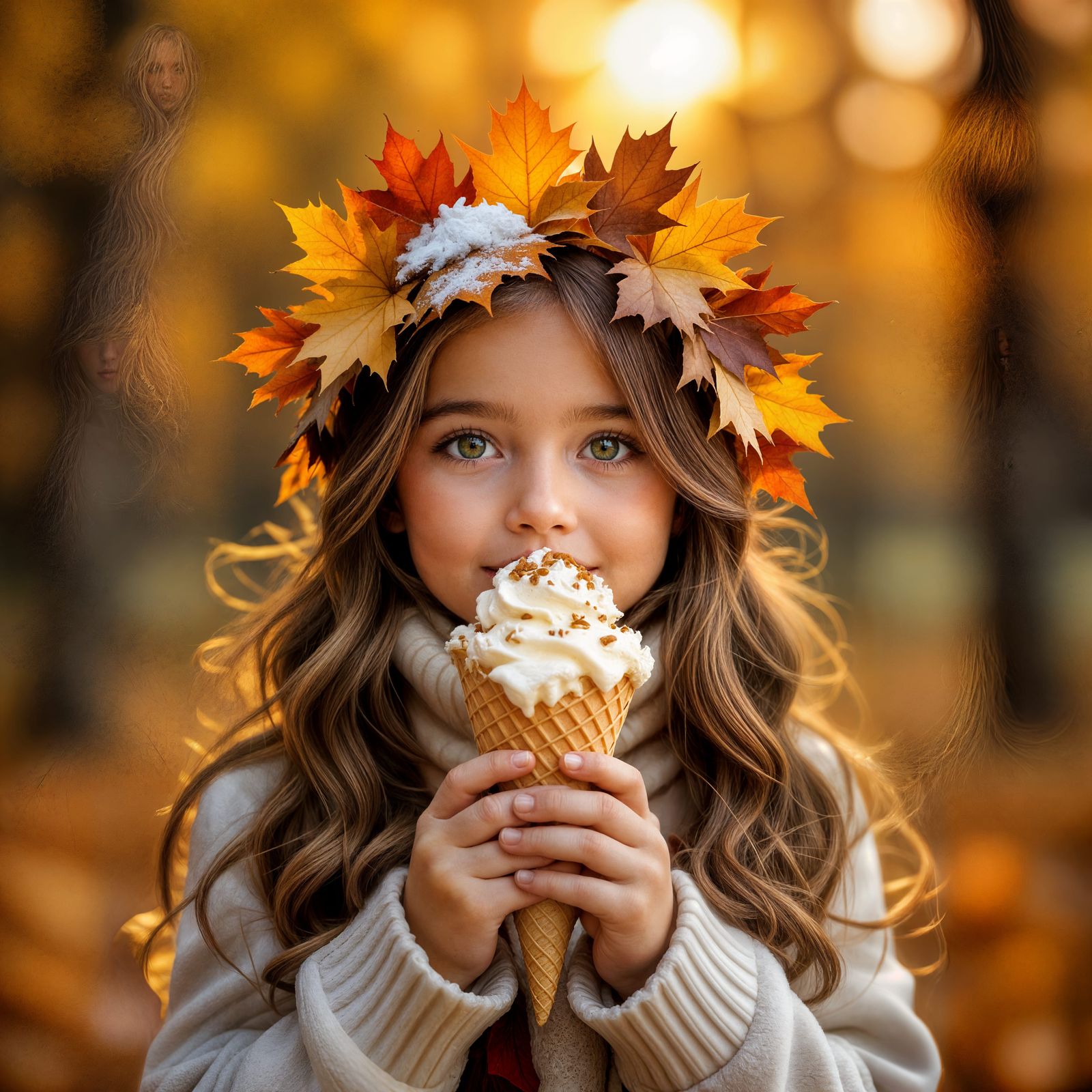 Autumn Girl Eats Leaf Ice Cream in Golden Forest