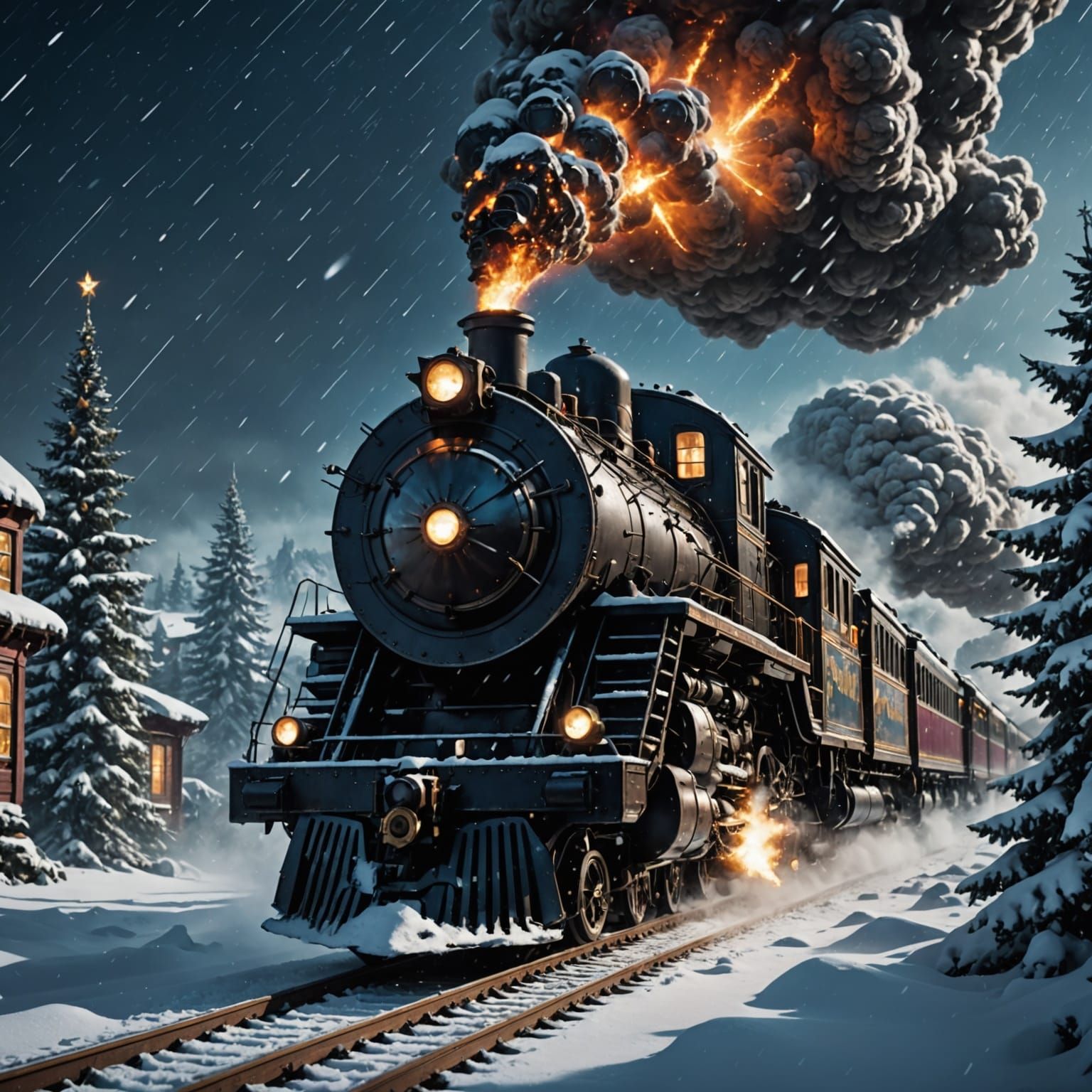 Cosmic Flying Christmas Train in Epic Snow Storm