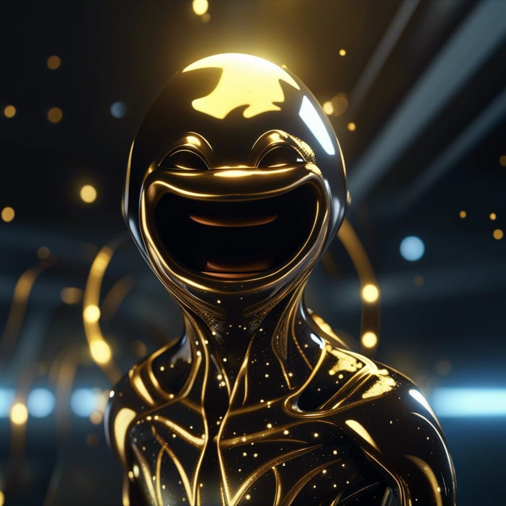 Hyperrealistic black and gold entangled smiley alien  surfing through the stars dynamic lighting Unreal Engine cool colo...