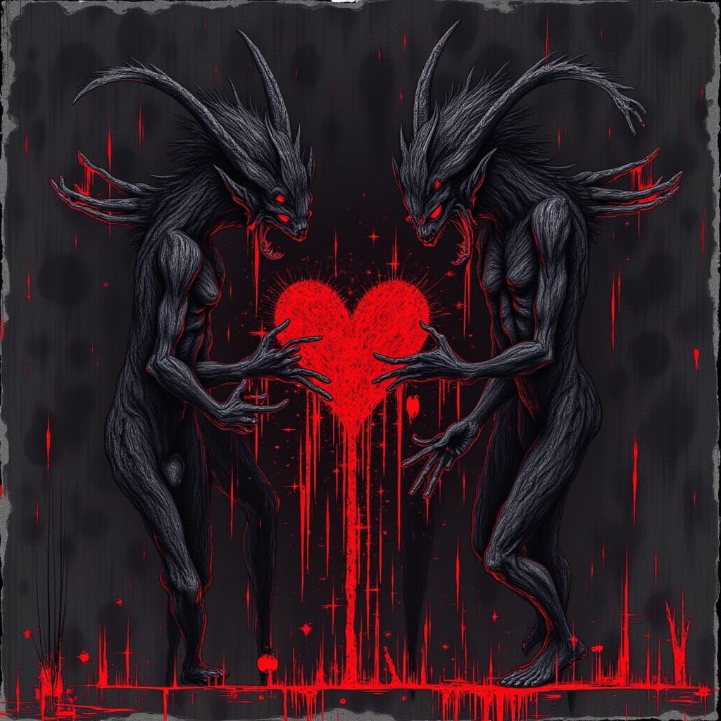 Grungy Demons Dancing Around Lava Heart