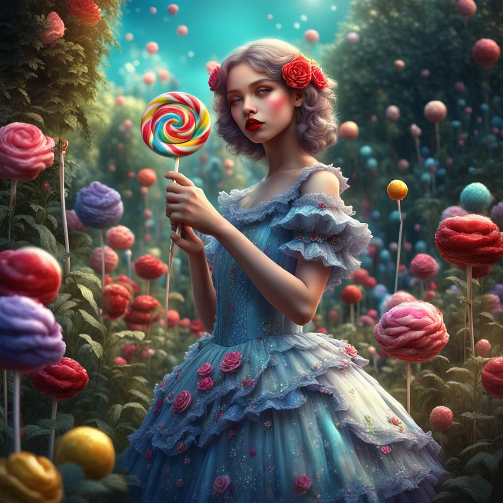 Woman with Lollipop in Garden: Fantasy Concept Art