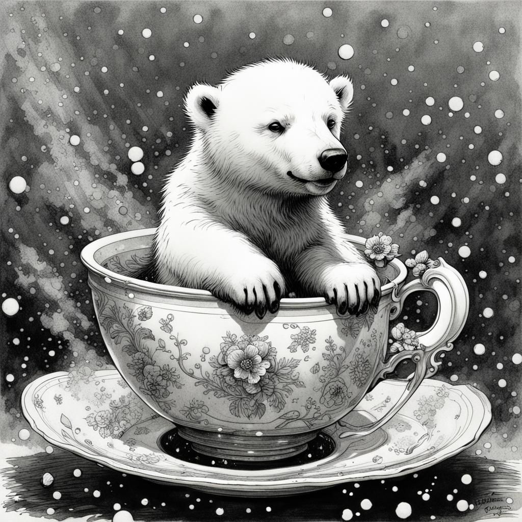Detailed Ink Drawing: Polar Bear in Teacup